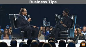 Smarter Face Mask [image of Marc Benioff talking with face mask entrepreneur Will.i.am]